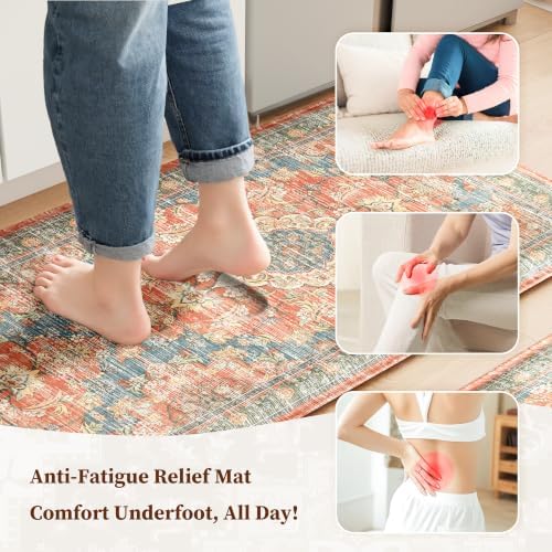 Boho Kitchen Mats for Floor 2PC Anti Fatigue Kitchen Rugs, Retro Red - Image 3