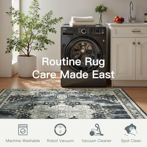 Lofus 8x10 Washable Rugs Non-Slip, Vintage Floral Area Rug for Living Room Bedroom Dining Room Kitchen, Low Pile Distress Print Medallion Carpet Home Decor Rug, Black Beige - Image 4