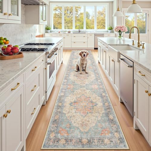 RELEANY Washable Area Rug, Runner 2'x9', Blue/Orange/Red by RELEANY
