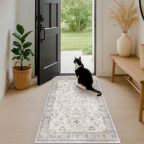Boho 3x6 Large Bathroom Rug - Washable Floral Area Rug for Entryway, Bedroom Beside Bed, Modern Vintage Low Pile Kitchen Carpet, Neutral Light Gray & Sage Décor - Image 6