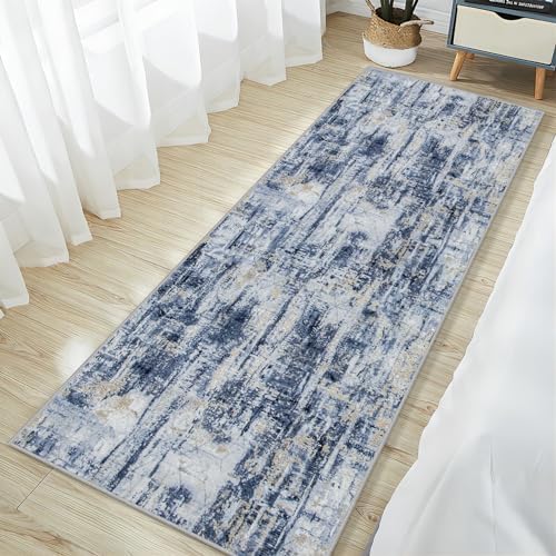 2'6''x8' Runner Rugs Washable Rug: Modern Abstract Hallway Blue Gold Carpet - Image 3