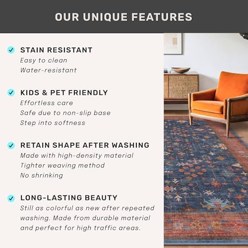 Hazo Haus Washable 3x20 Extra Long Hallway Runner Rug, Navy Blue Large Kitchen Floor Rug Indoor, Non-Slip Stain & Fade Resistant, Vintage Boho Floral Décor - Image 5
