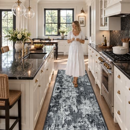 RELEANY Washable Runner 2'x8' Abstract Area Rug for Hallway Black White - Image 3
