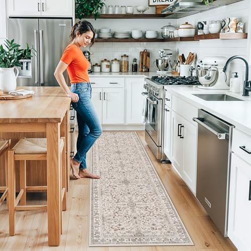 2x10 ft Hallway Runner Rug Washable – Boho Floral Non Slip Long Carpet Runner for Kitchen Entryway Bedroom Living Room, Soft Low-Pile Thin Floor Area Rug (Beige, 2x10) - Image 3