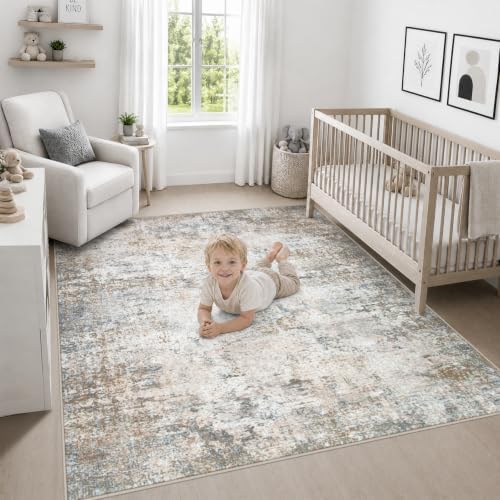 Area Rug Living Room: 6x6 Modern Washable Indoor Soft Carpet Brown - Image 5