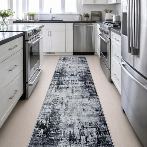 2.6x14 Washable Runner Rug:Modern Abstract Soft Carpet Dark Black - Image 5