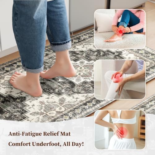 Boho Kitchen Mats for Floor 2PC Anti Fatigue Kitchen Rugs, Black Brown Grey - Image 3