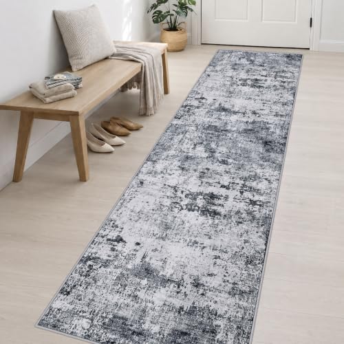 2.6x14 Washable Runner Rug:Modern Abstract Indoor Soft Carpet Grey - Image 3