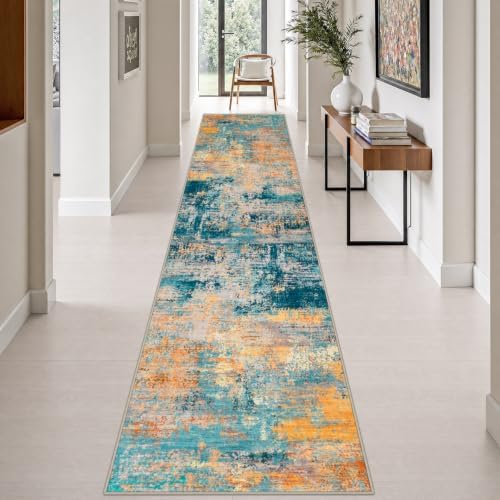 2.6x14 Washable Runner Rug:Modern Abstract Soft Carpet Rosy Haze by FXRHLP