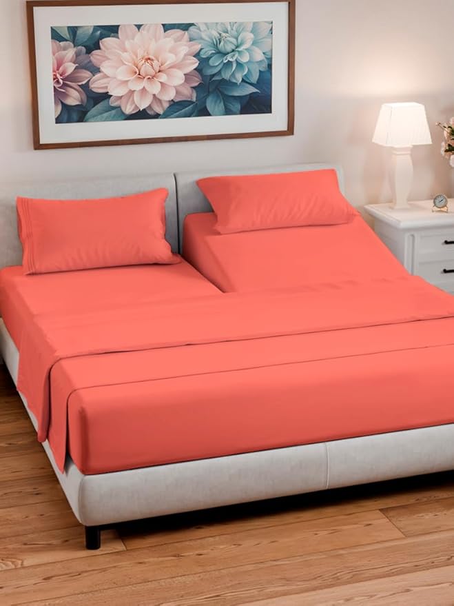 Split Head King Sheet Set – 4 Piece Flex Split Top King Sheets for Adjustable Beds - Fits 14” to 16" Mattress w/ Deep Pockets - Ultra-Soft, Breathable & Cooling - Luxury Bedding & Wrinkle Free - Coral
