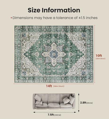 Amada Large 10x14 Washable Area Rug for Living Room, Dark/Green, Vintage - Image 2