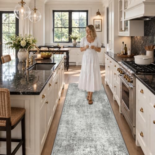 RELEANY Washable Runner 2'x6' Abstract Area Rug for Hallway Gray White - Image 4