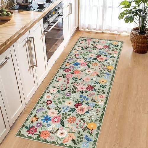 PLHXFR 2x6 Washable Runner Rug：Floral Indoor Kitchen Soft Carpet Green - Image 6