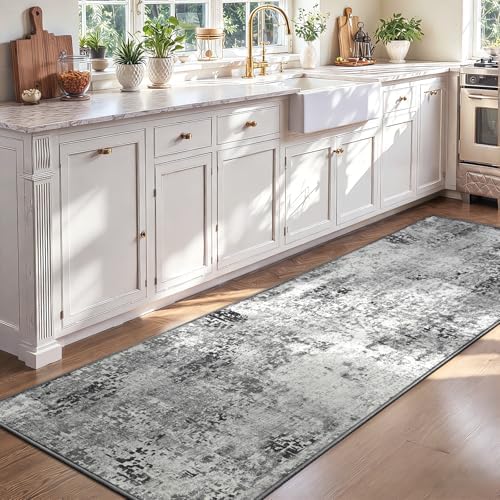 2x8 Grey Rug Runners for Hallways Kitchen Runner Rug Non Slip Washable Black Long Runner Rugs with Rubber Backing Soft Abstract Carpet Runner for Bedroom, Kitchen, Bathroom, Entryway - Image 4