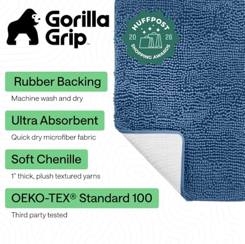GORILLA GRIP Bath Rug Mat for Bathroom, Absorbent Chenille, 24x17 Blue - Image 2