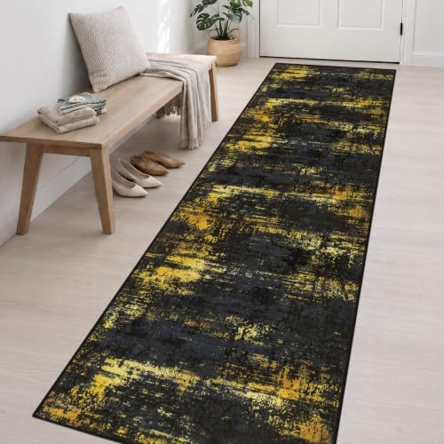 3x14 Washable Runner Rug：Modern Abstract Soft Carpet Black Gold - Image 3