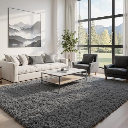 6x9 Fluffy Shag Area Rugs for Living Room Bedroom: Soft Plush Carpet Grey by CarpetAddColortoYourLife