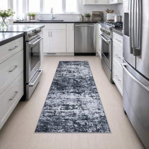 2.6x8 Washable Runner Rug：Modern Abstract Kitchen Carpet Black - Image 4