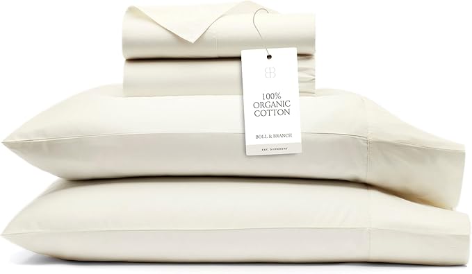 BOLL & BRANCH Signature Hemmed Sheet Set - King + Standard, Cream - Luxury 100% Organic Cotton - Includes 1 Flat, 1 Fitted, 2 Standard Size Pillowcases - Buttery Soft