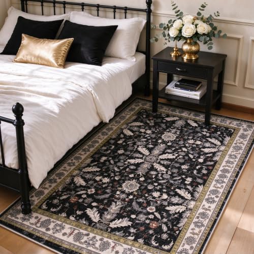 3x5 Kitchen Rug Washable Non-Skid, Boho Indoor Small Throw Area Rugs for Entryway Bedroom Living Room Floor, Soft Stain-Resistant Low-Pile Thin Doormat（Black, 3x5） - Image 3