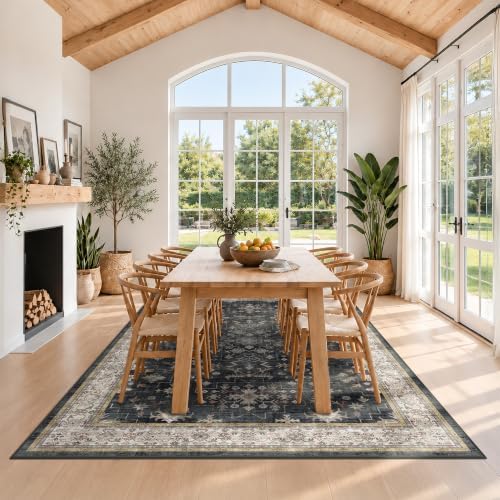 Black Farmhouse Washable 8x10 Area Rugs for Living Room, Bedroom, Dining Room Kitchen Table Rug for Under Table, Office, Dark Charcoal Tumble Stain Resistant Non-Slip Large Washable (8x10 Black/Multi) - Image 3