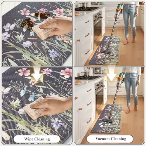KIMODE Anti Fatigue Kitchen Mat, Farmhouse Floral Kitchen Rugs Grey Purple - Image 5