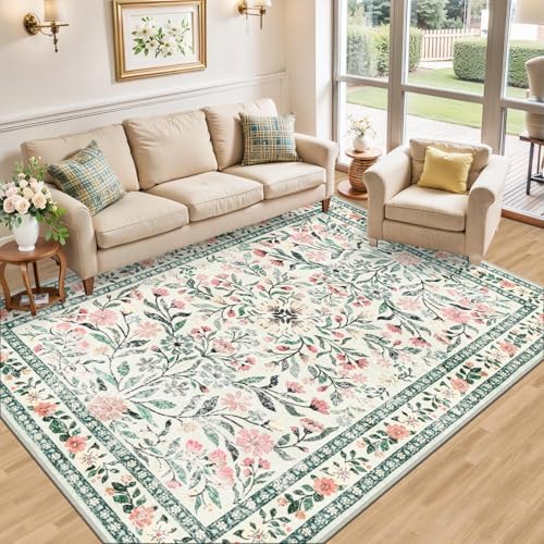 PLHXFR 8x10 Area Rug Living Room: Floral Washable Boho Carpet Green Beige - Image 2