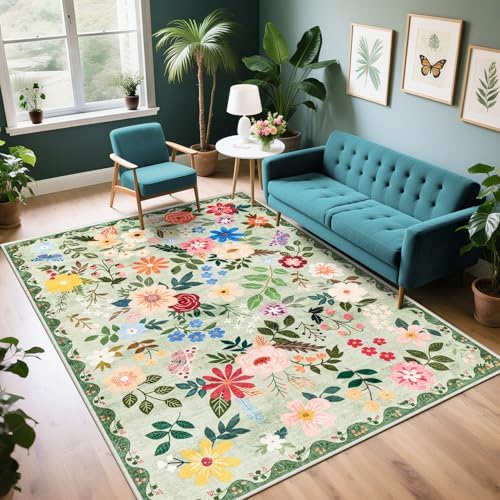PLHXFR 6x9 Area Rug Living Room: Floral Washable Boho Soft Carpet Green by PLHXFRSoftAreaRugs