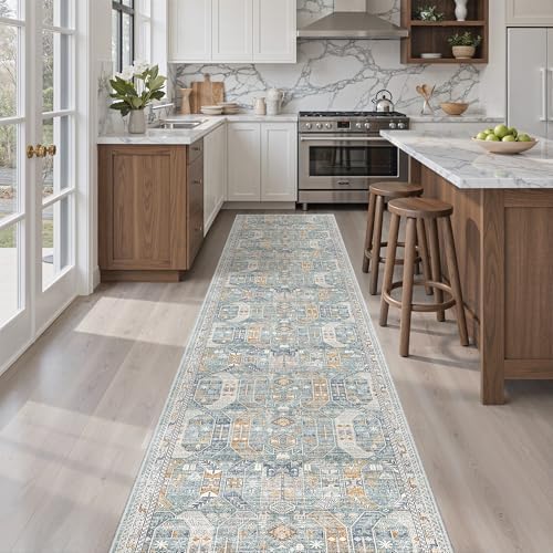 Madane Washable Runner Rugs 2x12 Long for Hallway Kitchen Soft, Blue/Gold - Image 6