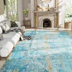 Ompaa Living Room Rug 8x10 Teal Blue Area Rugs Machine Washable Abstract Boho Large Rug Non-Slip Non-Shedding Faux Wool Indoor Vintage Carpet for Bedroom, Classroom, Dining Room, Kids Playroom by OmpaaHomeDecor