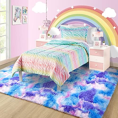 5x7 Tie-Dyed Blue Purple Pink Fluffy Area Rug Non-Slip for Kids Bedroom - Image 2