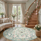 PLHXFR Round Area Rug Living Room: 6 ft Floral Washable Carpet Green Beige - Image 2