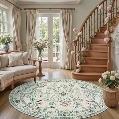 PLHXFR Round Area Rug Living Room: 6 ft Floral Washable Carpet Green Beige - Image 2