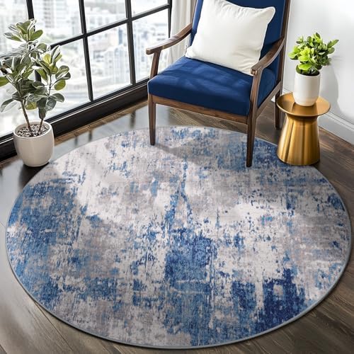 RELEANY Washable Round 4ft Area Rug for Living Room Blue Gray by RELEANY