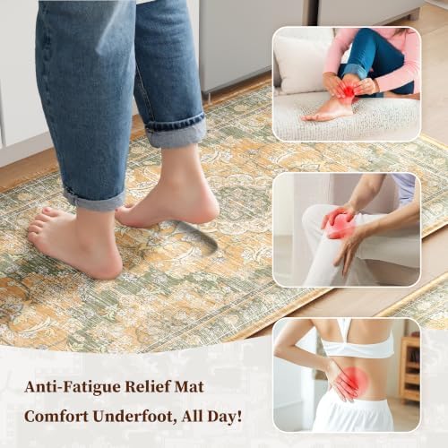 Boho Kitchen Mats for Floor 2PC Anti Fatigue Kitchen Rugs, Green Orange - Image 3
