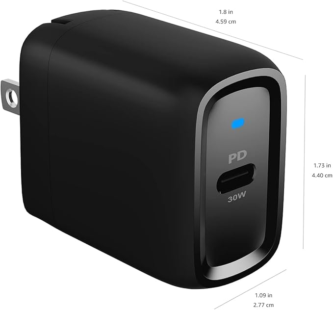 Amazon Basics 30W One-Port GaN USB-C Wall Charger with Power Delivery PD for Tablets & Phones (iPhone 16/15/14/13/12/11/X, iPad, Samsung, and More), Non-PPS, Black