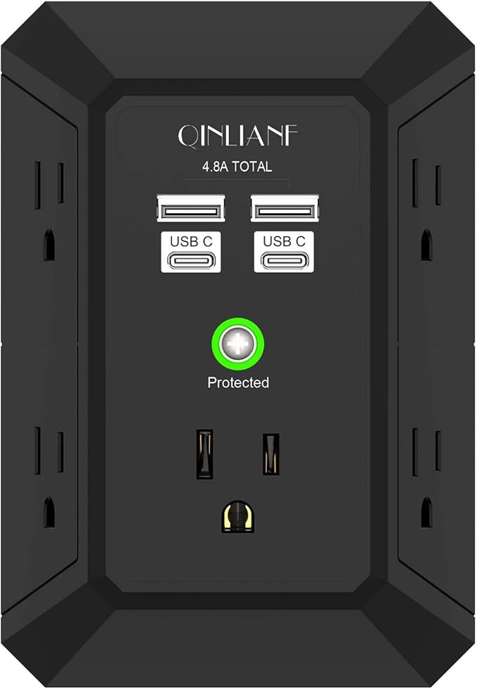 USB Wall Charger, Surge Protector, QINLIANF 5 Outlet Extender with 4 USB Charging Ports (4.8A Total) 3-Sided 1680J Power Strip Multi Plug Outlets Wall Adapter Spaced for Home Travel Office(2U2C),Black