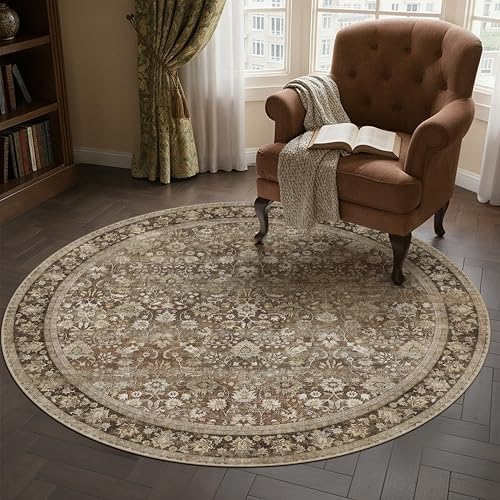 HUGEAR 5ft Round Brown Vintage Floral Washable Rug for Living Room - Image 3
