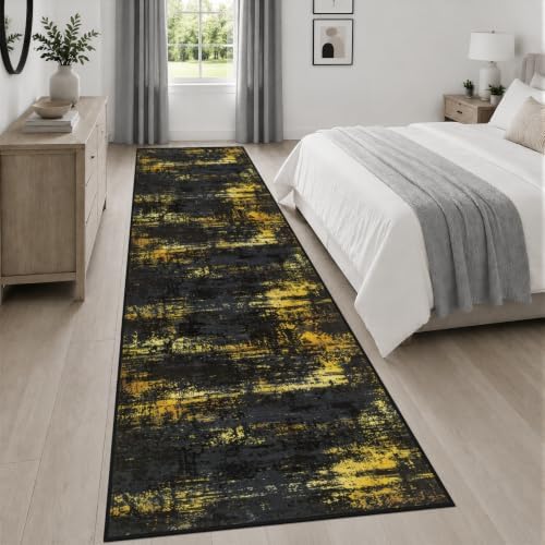 3x14 Washable Runner Rug：Modern Abstract Soft Carpet Black Gold - Image 4