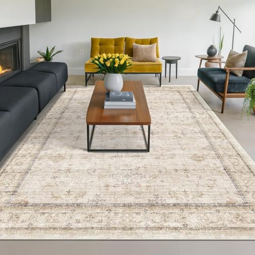 Hazo Haus Washable Ivory Beige Living Room Rug, 8x12 Non Slip Area Rugs for Bedroom, Dining Room Under Table, Low Pile Neutral Farmhouse Vintage Foldable Décor - Image 3