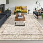 Hazo Haus Washable Ivory Beige Living Room Rug, 8x12 Non Slip Area Rugs for Bedroom, Dining Room Under Table, Low Pile Neutral Farmhouse Vintage Foldable Décor - Image 3