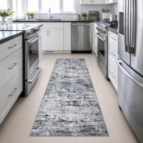 2.6x10 Washable Runner Rug:Modern Abstract Indoor Soft Carpet Grey - Image 4