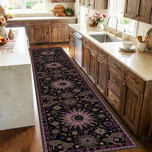 Vacuum-Friendly, 2x10 Washable Area Rug, Black Purple Beige by meejou