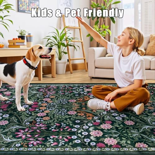 PLHXFR Area Rug 10x14 Living Room: Floral Washable Boho Carpet Dark Green - Image 7