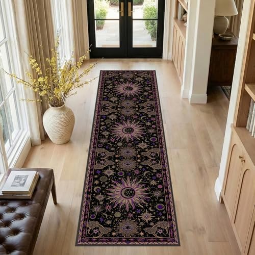 Vacuum-Friendly, 2x8 Washable Area Rug, Black Purple Beige - Image 2
