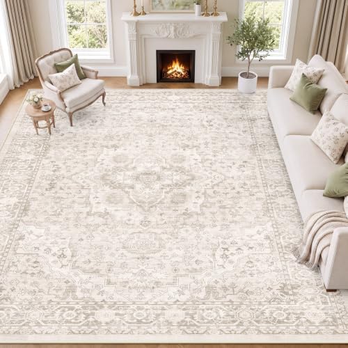 SameBed 9x12 Area Rug Living Room, Vintage Washable Carpet Neutral Beige by SameBed