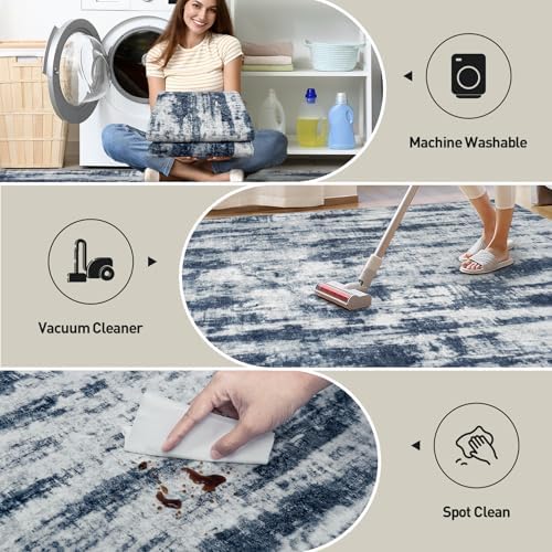 10x14 Area Rugs for Living Room: Washable Abstract Blue Grey Bedroom Carpet - Image 4