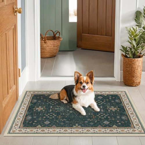 Dark Green Oushak 3x4 Large Entryway Rug - Modern Vintage Boho Floral, Washable Low Pile Non-Slip Area Rugs for Door Mat Indoor Entrance, Kitchen, Bedroom Beside Bed - Image 3