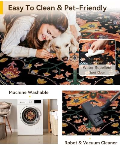 RELEANY Washable Area Rug, Round 10ft, Black/Colorful - Image 5