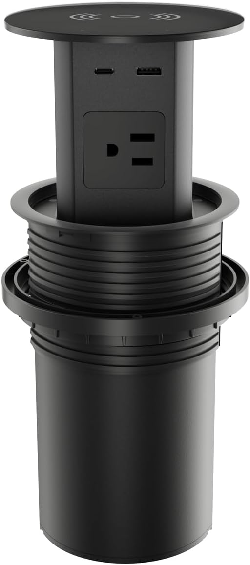 MAZZGOFOR Pop up Outlet - 4-inch Hole,4-AC Outlet,20W USB C,15W Wireless Charging,2-USB Port,Desktop Recessed Grommet Power Outlet for Kitchen Island Countertop,6 ft Cable,Black
